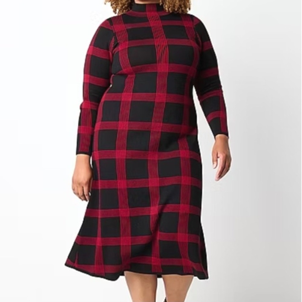 NEW Danny & Nicole Long Sleeve Midi Sweater Dress Womens 2X Black Red Windowpane